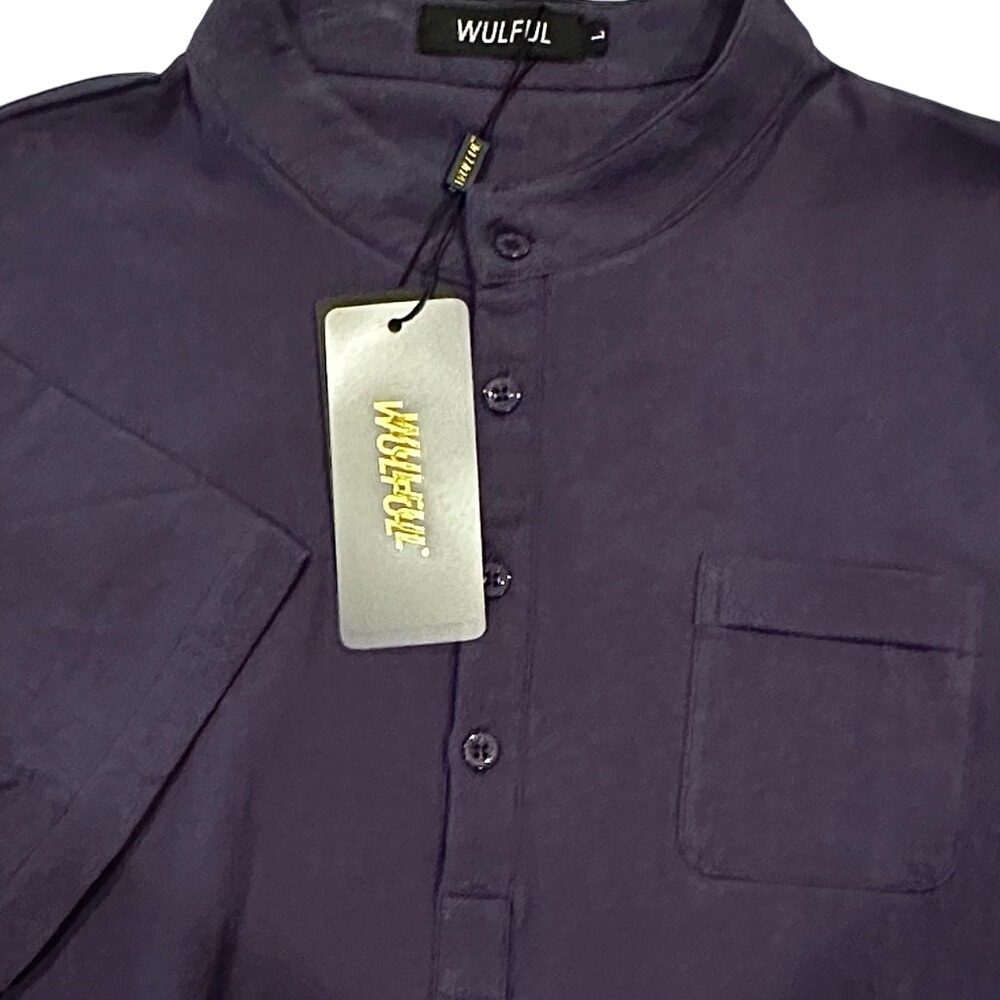 WULFUL Cotton Linen Henley Basic Casual T-Shirt Men's Large Navy Summer Beach‎
